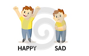 Words happy and sad flashcard with cartoon boy characters. Opposite adjectives explanation card. Flat vector photo