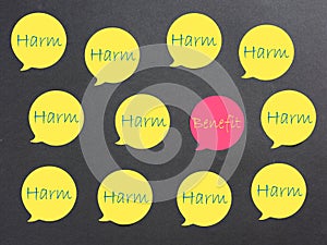 The words harm and benefit on speech bubbles. Harm and benefit analysis photo