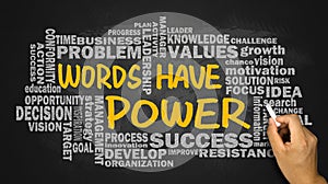 words have power with related word cloud hand drawing on blackboard