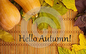 Words hello autumn on rustic background