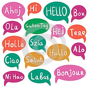 Words Hello, Hi with speech bubbles on different languages.