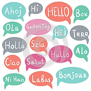 Words Hello, Hi with speech bubbles on different languages.