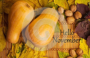 Words hello november on rustic background