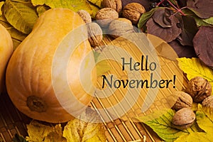 Words hello november on rustic background