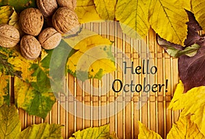 Words hello october on rustic background