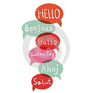 Words hello with speech bubbles on different languages.