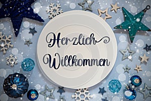 Words Herzlich Willkommen, Means Welcome, Blue Flatlay Christmas Decor