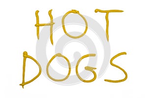 Words HOT DOGS written with mustard