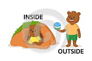 Words inside and outside flashcard with cartoon animal characters. Opposite adverb explanation card. Flat vector photo