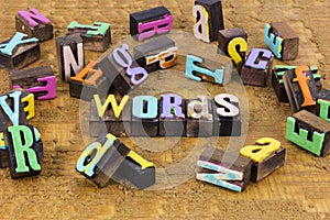 Words letterpress letters create spell word learn grammar