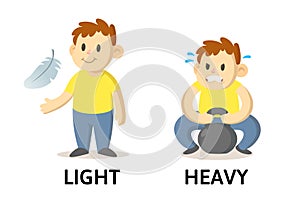 Words light and heavy flashcard with cartoon characters. Opposite adjectives explanation card. Flat vector illustration