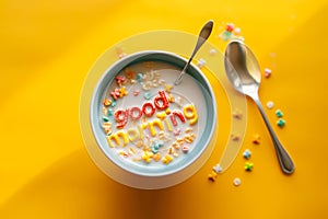 Words made of colorful cereal. Good Morning message in a bowl. Simple and fast breakfast. National cereal day. Minimal creative