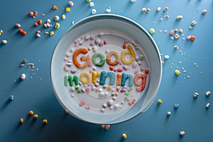 Words made of colorful cereal. Good Morning message in a bowl. Simple and fast breakfast. National cereal day. Minimal creative