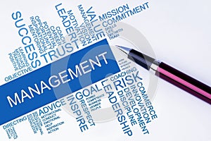 The words Management text cloud with a pen on isolated white