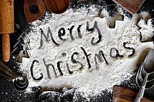 Words Merry Christmas Background Bordered by Vintage Baking Supp photo