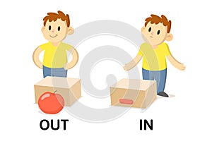 Words in and out flashcard with cartoon boy charactes. Opposite prepositions explanation card. Flat vector illustration
