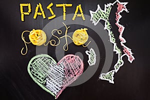 Words pasta made of cooked spaghetti and dry pasta on the black background with frame of country Italy and heart