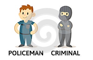 Words policeman and criminal flashcard with cartoon characters. Opposite nouns explanation card. Flat vector