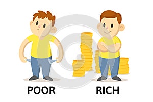 Words poor and rich flashcard with cartoon characters. Opposite adjectives explanation card. Flat vector illustration