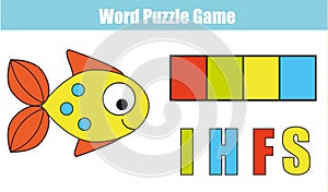 Words puzzle children educational game with colorful code. Place the letters in right order. Learning vocabulary. Match letters wi