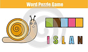 Words puzzle children educational game with colorful code. Place the letters in right order. Learning vocabulary. Match letters wi