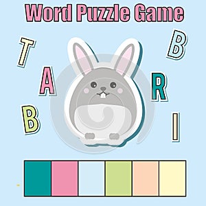 Words puzzle children educational game with colorful code. Place the letters in right order. Learning vocabulary. Match letters wi