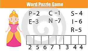 Words puzzle children educational game with numbers code.