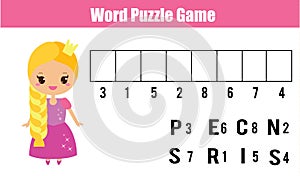 Words puzzle children educational game with numbers code.