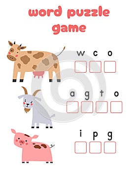 Words puzzle children educational game. Place the letters farm animals in right order