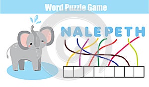 Words puzzle children educational game. Place the letters in right order. Learning vocabulary. Animals theme