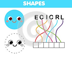 Words puzzle children educational game. Place letters in right order. Learning vocabulary and geometric shapes. Circle