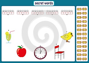 Words puzzle for kids, educational game with numbers code. worksheet