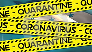Words Quarantine and Coronavirus written on yellow tape over a Honduran flag in the background.