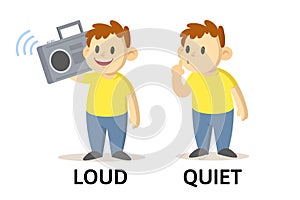 Words quiet and loud flashcard with cartoon characters. Opposite adjectives explanation card. Flat vector illustration