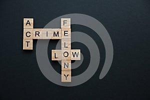 Words related to crime, to the offense collected in a crossword puzzle with wooden cubes on a black background