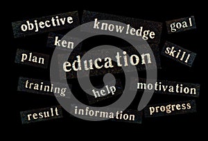 Words related to education are arranged in dark gray rectangles against a black background. Education concept