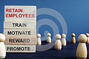 Words Retain Employees Train Motivate Reward Promote on a wooden blocks