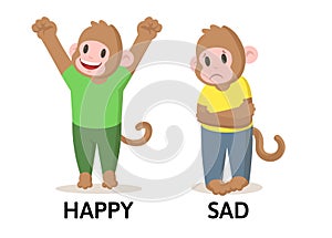 Words sad and happy flashcard with cartoon animal characters. Opposite adjectives explanation card. Flat vector