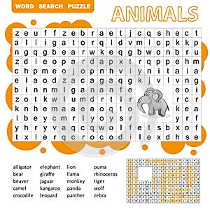 Words search puzzle game of animals for preschool kids activity worksheet