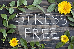 Words Stress Free with Leaves and Marigold Flowers