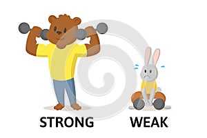 Words strong and weak flashcard with cartoon animal characters. Opposite adjectives explanation card. Flat vector