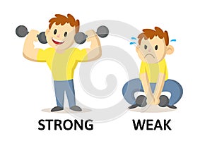 Words strong and weak flashcard with cartoon characters. Opposite adjectives explanation card. Flat vector illustration
