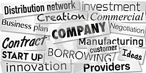 Words symbolizing business creation and financing to achieve its goals.
