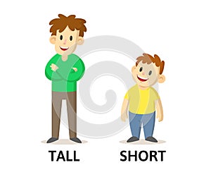 Words tall and short flashcard with cartoon characters. Opposite adjectives explanation card. Flat vector illustration