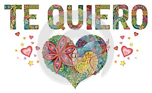 Words TE QUIERO with heart. I love you in Spanish. Vector decorative zentangle object photo