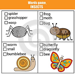 Words test educational game for children. Animals, insects theme