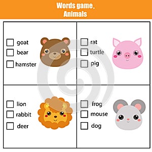 Words test educational game for children. Animals theme