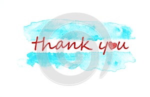 The words `thank you` red color with the heart on blue watercolo