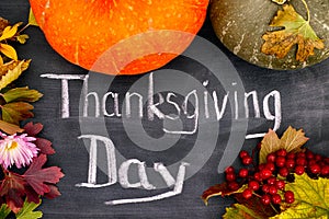 Words Thanksgiving Day written on blackboard with pumpkins, autumn leaves and viburnum berries
