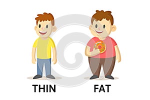Words thin and fat flashcard with cartoon characters. Opposite adjectives explanation card. Flat vector illustration